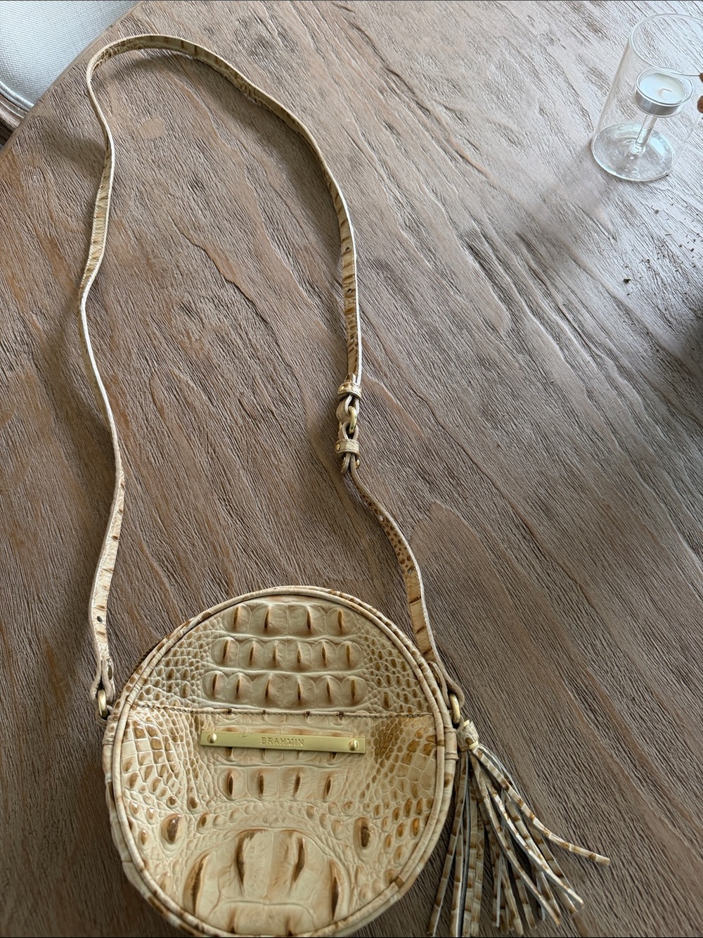 Brahmin Round Croc-Embossed Crossbody in Natural Beige with Tassel